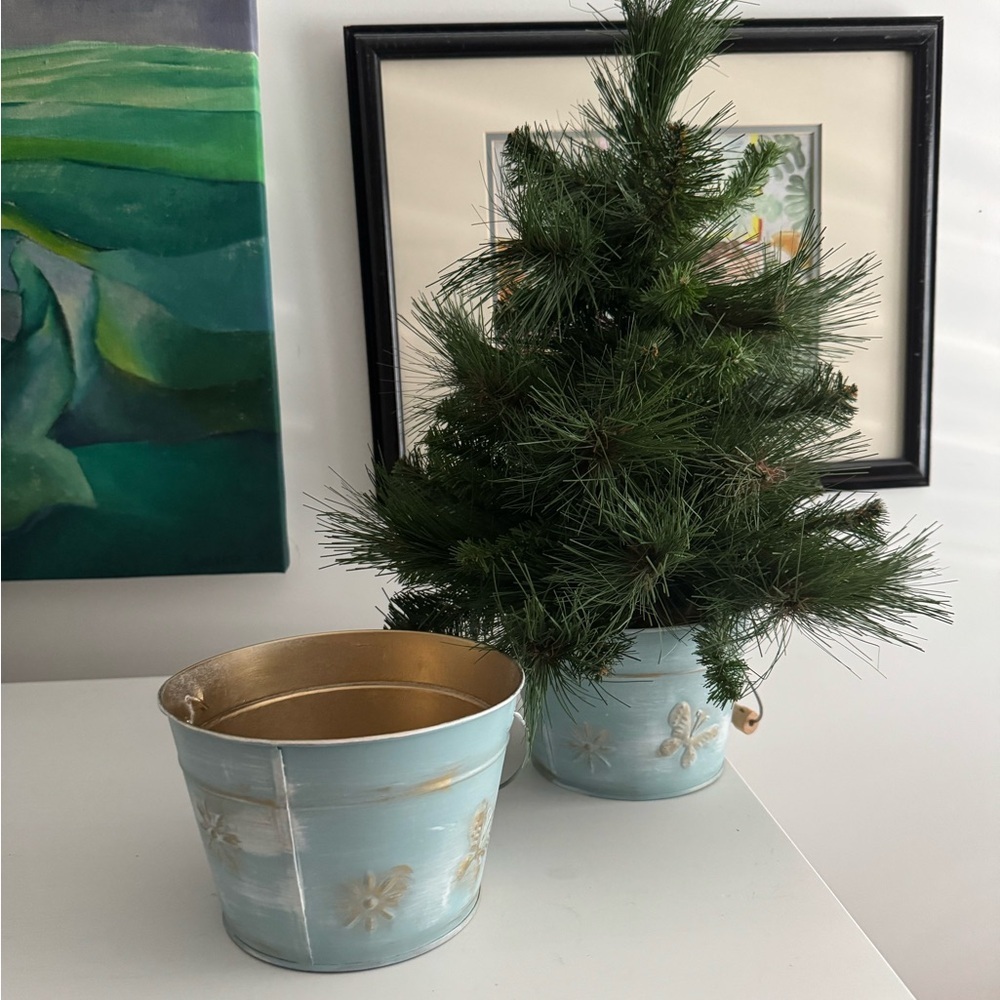 Blue Metal Buckets with Gold Accents and Gold Inside Decorative Use - Picture 1 of 8